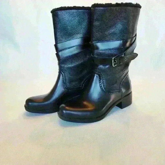 Coach Shoes - Coach Zena black leather w/shearling belted boots size 8. Missing 1 emblem Goth